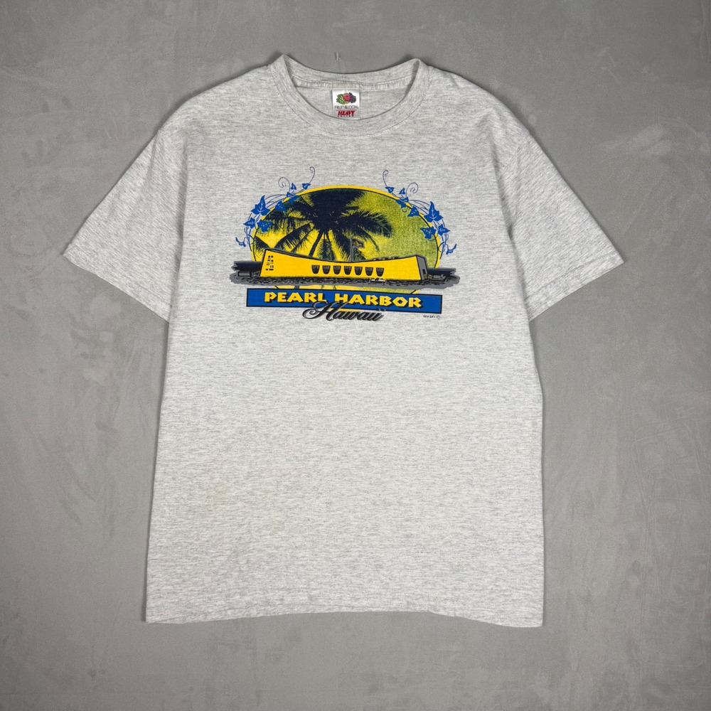 90s Mens Fruit of the Loom Pearl Harbor Hawaii Graphic Tee Grey Size M